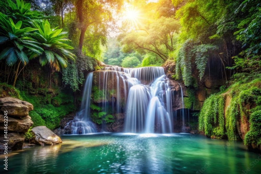 Fototapeta premium Serene Waterfall, Tranquil Pool, Lush Greenery: Vintage Relaxation Photography