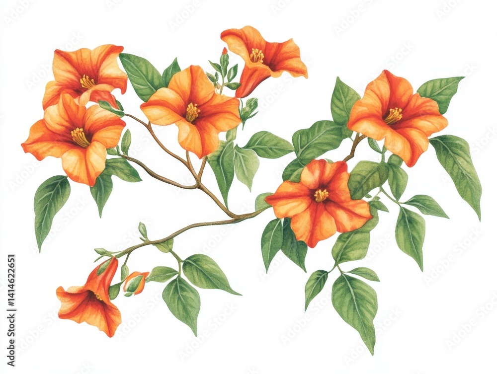 Obraz premium Watercolor Trumpet Vine Flowers and Green Leaves on White Background Botanical Illustration for Floral Design