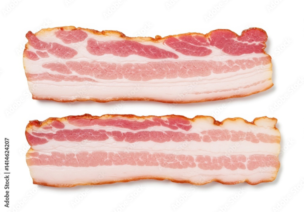 Two slices of uncooked bacon with visible fat marbling on a plain white background in a studio shot Two slices of uncooked bacon with visible fat marbling on a plain white background in a studio shot