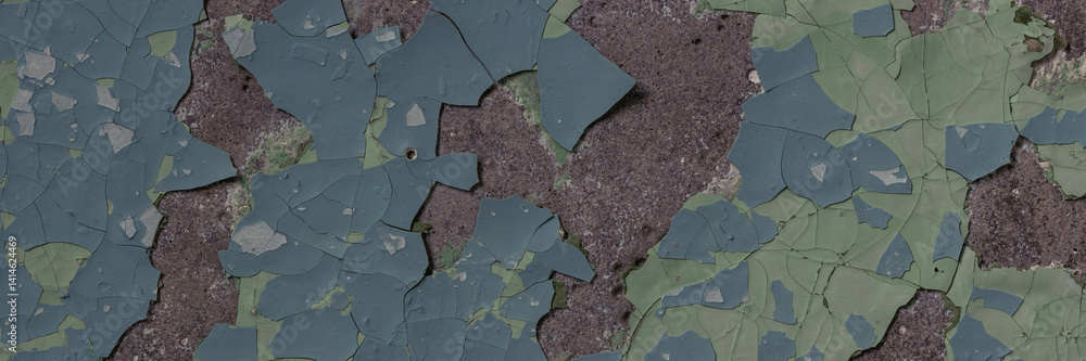 Peeling paint on the wall. Panorama of a concrete wall with old cracked flaking paint. Weathered rough painted surface with patterns of cracks and peeling. Wide panoramic texture for grunge background