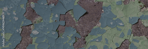 Obraz na płótnie Peeling paint on the wall. Panorama of a concrete wall with old cracked flaking paint. Weathered rough painted surface with patterns of cracks and peeling. Wide panoramic texture for grunge background w salonie