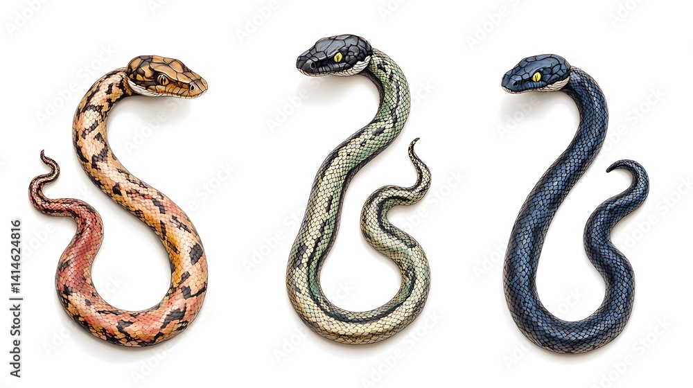 Fototapeta premium Three Snakes with Studio Shot, and White Background.