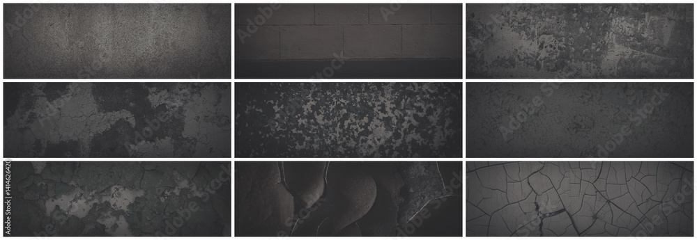 Set of dark panoramic background textures. Collection of wide textures with peeling paint, cracks, scratches, noise and grain. Faded rough surfaces of old walls. Bundle of gray backgrounds for design.