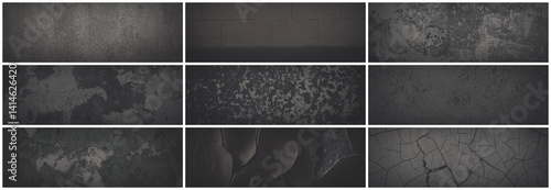 Obraz na płótnie Set of dark panoramic background textures. Collection of wide textures with peeling paint, cracks, scratches, noise and grain. Faded rough surfaces of old walls. Bundle of gray backgrounds for design. w salonie