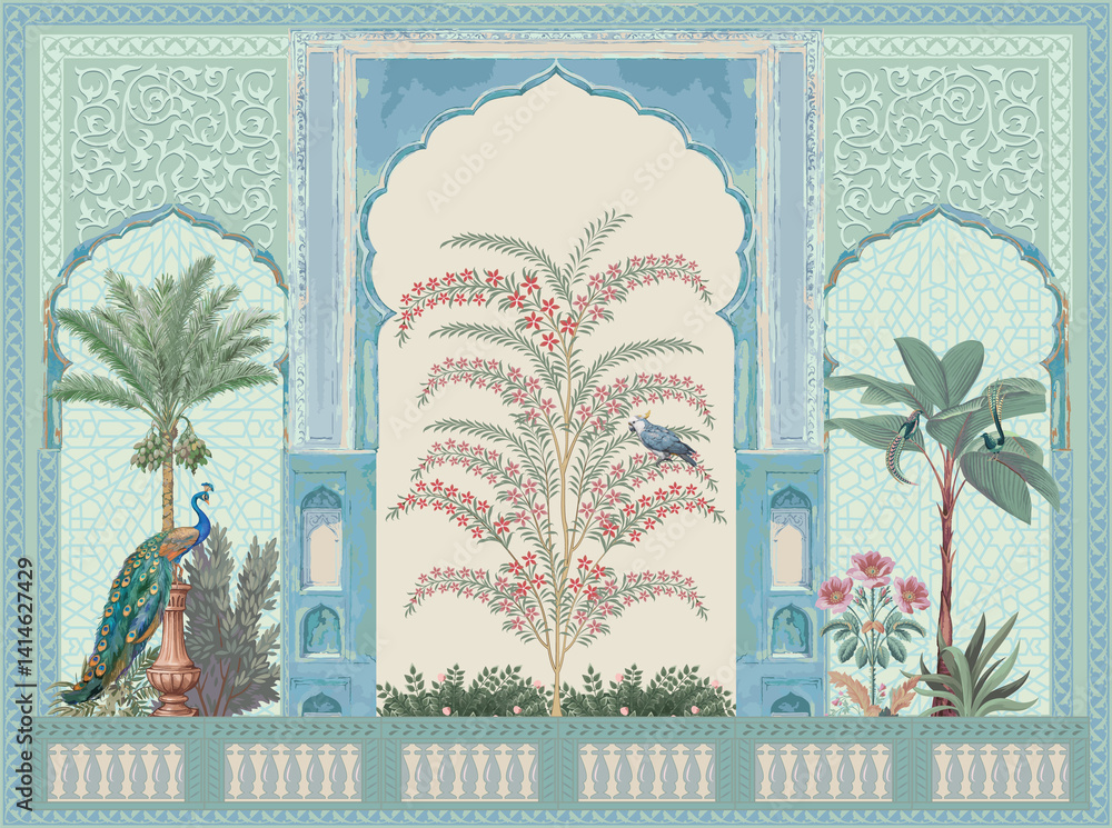 custom made wallpaper toronto digitalMoroccan decorative floral wallpaper with peacock, dates tree, plant seamless pattern illustration