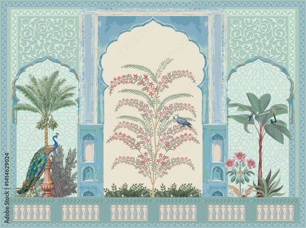 custom made wallpaper toronto digitalMoroccan decorative floral wallpaper with peacock, dates tree, plant seamless pattern illustration