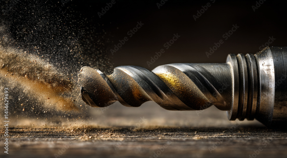 dynamic Drilling Action Close-up. Intense closeup of a drill bit piercing through metal with vibrant wood shavings and dust particles capture in mid-air with copy space
