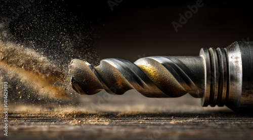 Obraz na płótnie dynamic Drilling Action Close-up. Intense closeup of a drill bit piercing through metal with vibrant wood shavings and dust particles capture in mid-air with copy space w salonie