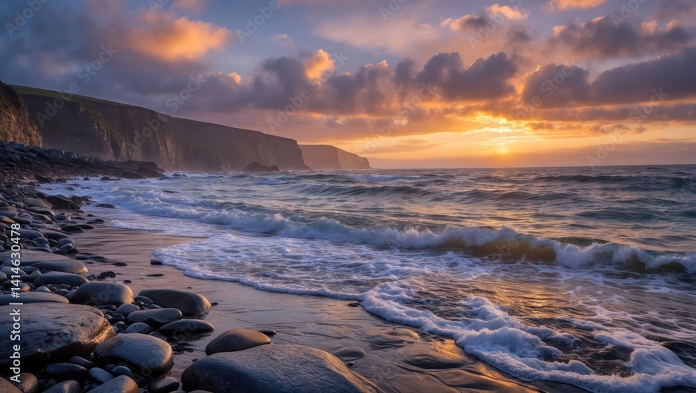 Obraz premium Waves Crashing on Rocky Beach at Sunset with Dramatic Sky
