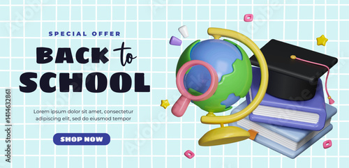 Special offer for back to school with globe and graduation cap, vector illustration