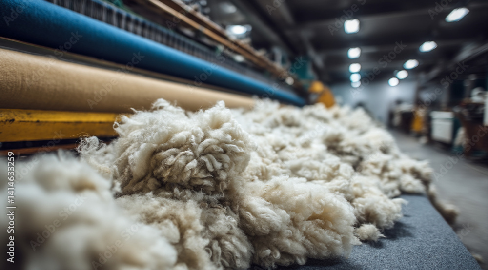 pile of raw clean sheep soft wool in textile factory. Machinery processing, Natural material, cotton production with copy space