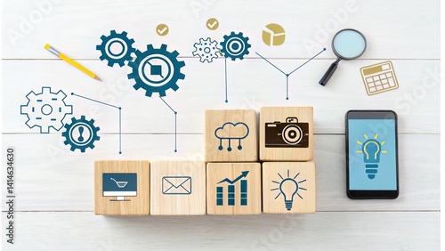 Creative flat-lay of emerging technologies displayed on wooden blocks, highlighting AI through search and discovery