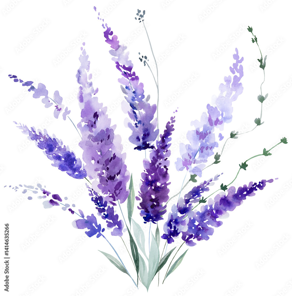 Naklejka premium Bouquet made of watercolor lavender flowers. Purple wildflowers wedding isolated illustration
