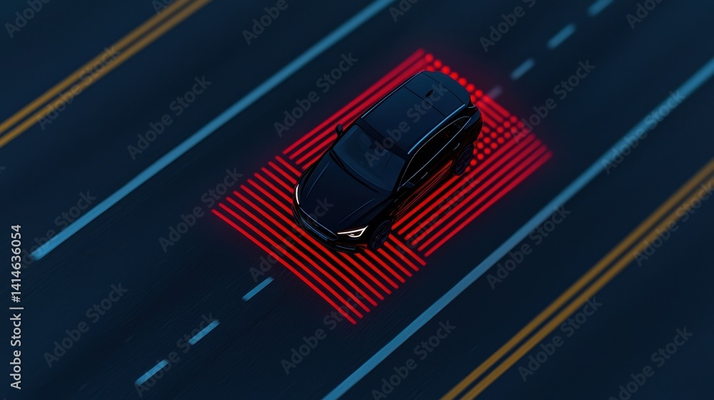 Naklejka premium AI-driven self-driving car picking up passengers from a sleek docking station, digital interface displaying real-time route optimization