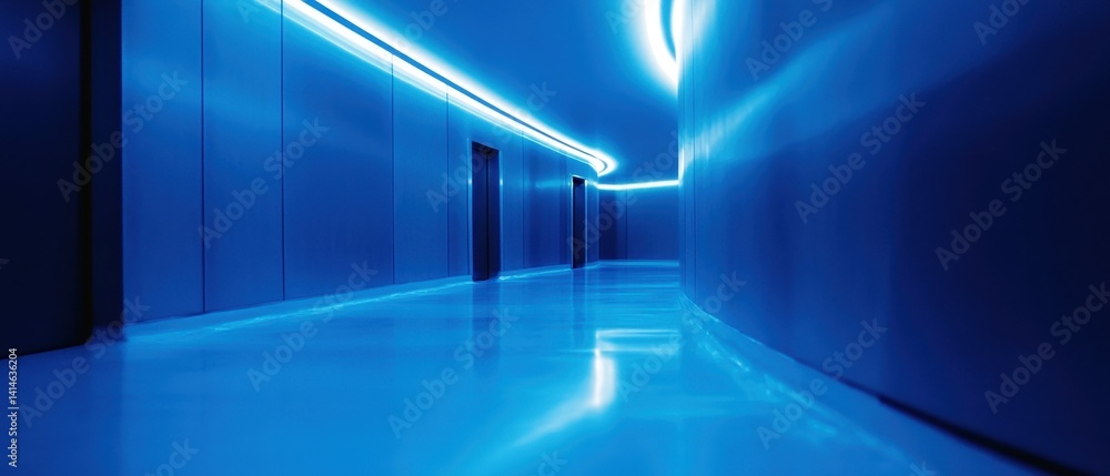 Fototapeta premium Futuristic corridor illuminated in vibrant blue hues creating a modern and sleek architectural space with a sense of depth and perspective