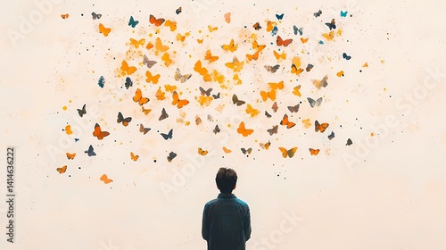Person watching colorful butterflies, Surreal art of a person and many butterflies