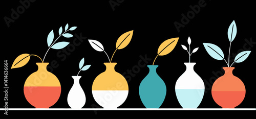Colorful_Vases_with_Leaves_Art_Illustration_Modern_Home_Decor_Floral_Arrangement_Abstract_Plants_in_Pots_Stylish_Minimalist_Design_Bright_Colors
