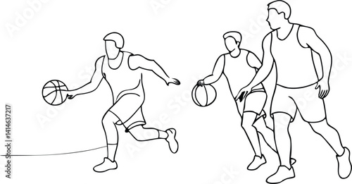 One line vector illustration of three basketball players in game motion, showcasing dribbling and guarding moves, perfect for sporty posters, coaching material, apparel prints, or athletic design