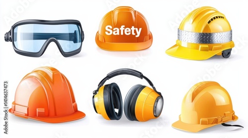 Safety equipment showcase industrial setting icon set professional environment close-up view safety awareness
