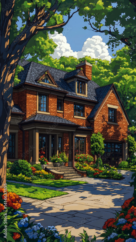 Obraz premium Suburban Estate: Brick Residence with Lush Landscaping, Summertime Dream Home