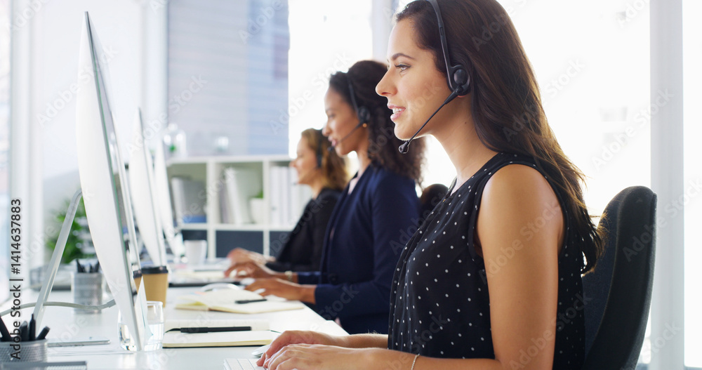 Call center, typing and woman with headset by computer for virtual assistance, technical support and customer service. Contact us, consultant and helping with software issue, troubleshooting or query
