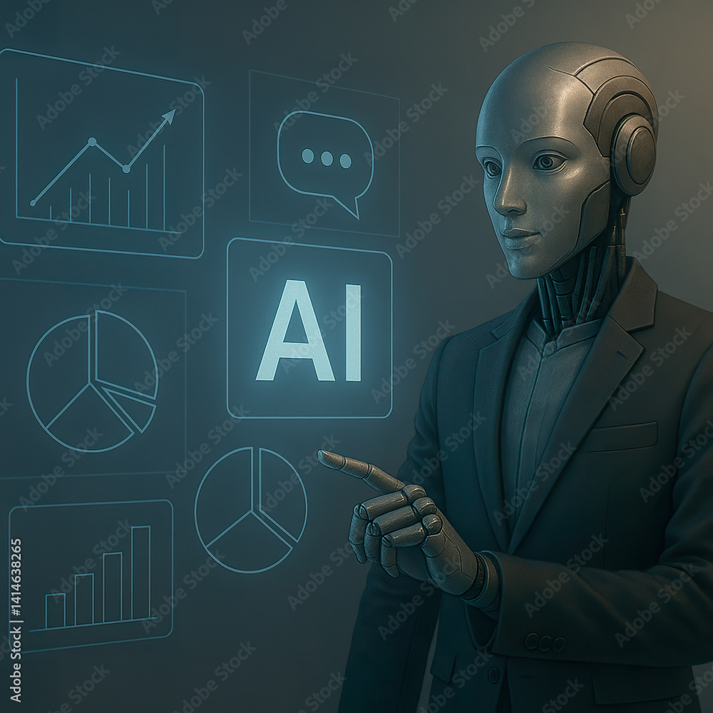Professional humanoid robot presenting artificial intelligence data on glowing digital screen