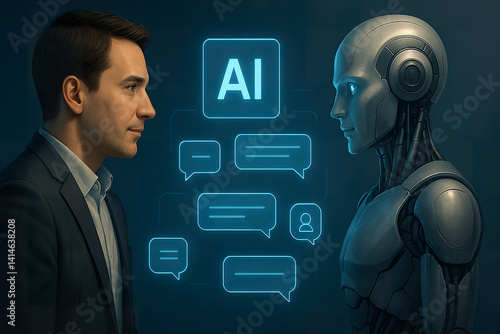 Professional man facing humanoid robot during digital AI communication exchange in blue ambient light