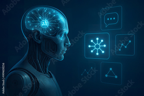 Futuristic blue android analyzing digital neural network with glowing brain interface