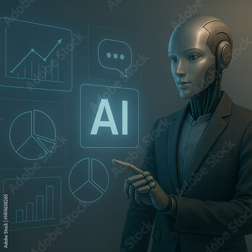 Obraz na płótnie Professional humanoid robot presenting artificial intelligence data on glowing digital screen w salonie