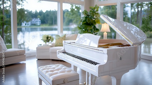 Elegant white grand piano in a luxurious living room