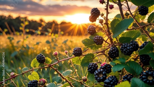Blackberries Growing on Bramble at Sunset in Golden Field