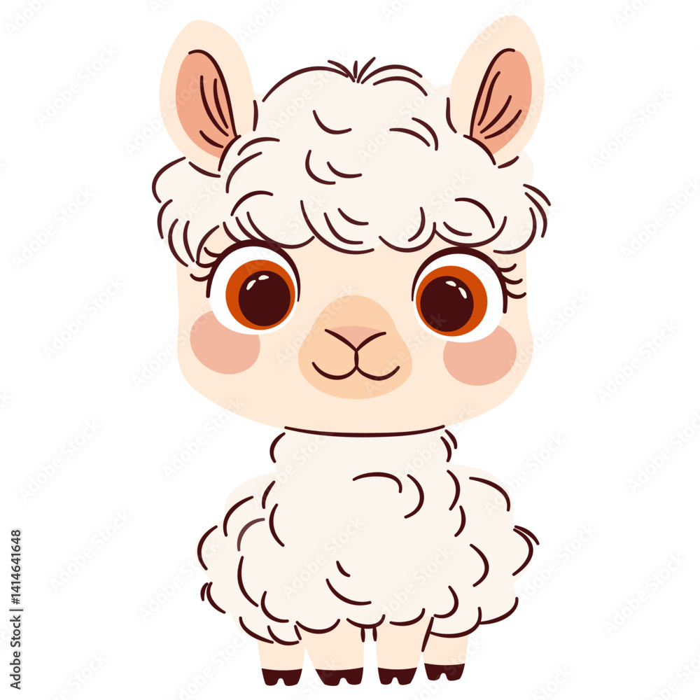 Fototapeta premium Cute vector illustration in a simple childish style. Cute baby llama with big eyes on white background. Vector illustration