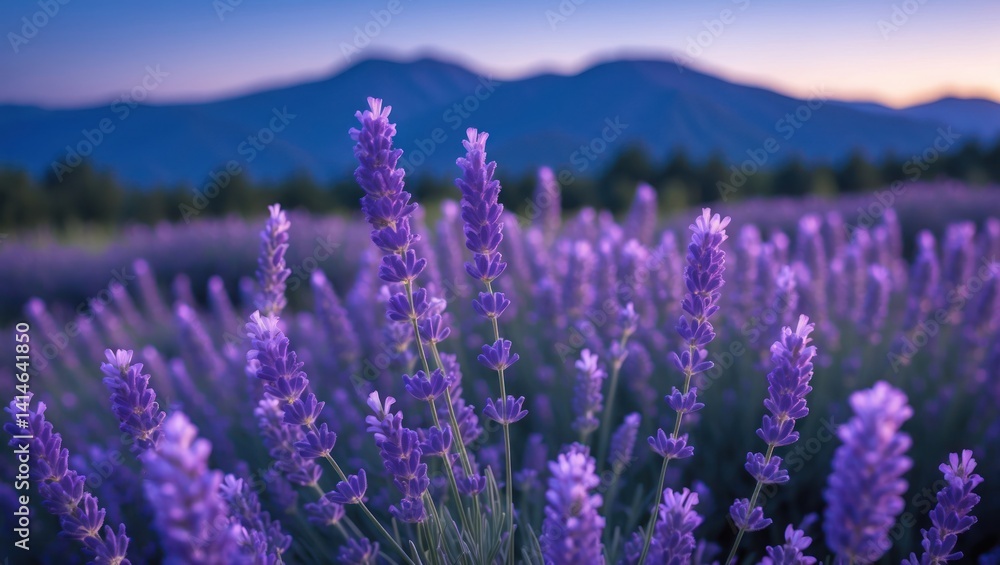 Fototapeta premium Lavender Field Blooming at Dusk with Mountains in the Distance