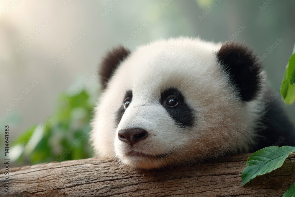 Fototapeta premium Gentle panda rests on log, framed by lush greenery and soft ligh