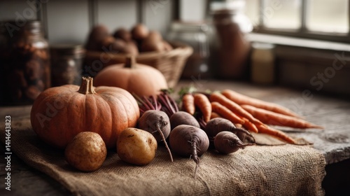 Freshly harvested vegetables arranged on burlap, showcasing autu