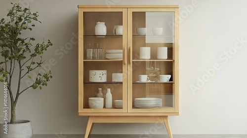 Display cabinet with wooden frame and crystal-clear tempered glass doors