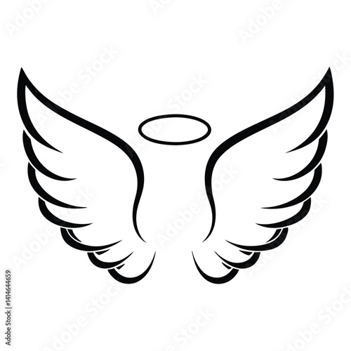 Stylized Angel Wings with Halo - Black and White Design Adobe Illustrator Artwork