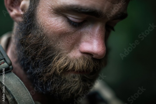 Intense close-up of man with beard, showcasing deep emotions and