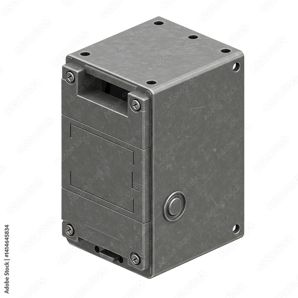 Obraz premium Isometric representation of an industrial metal cuboid with various fasteners