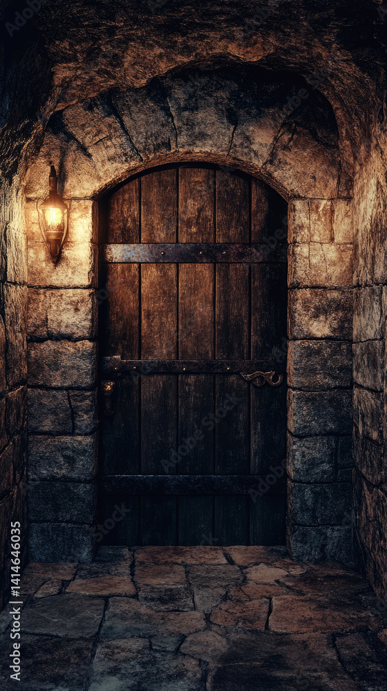 Fototapeta premium Medieval wooden door with stone frame and dimly lit lantern in dark cellar