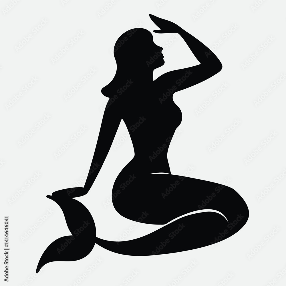 Black Silhouette Mermaid with Fishtail: Simple Stylized Design Black Silhouette Mermaid with Fishtail: Simple Stylized Design