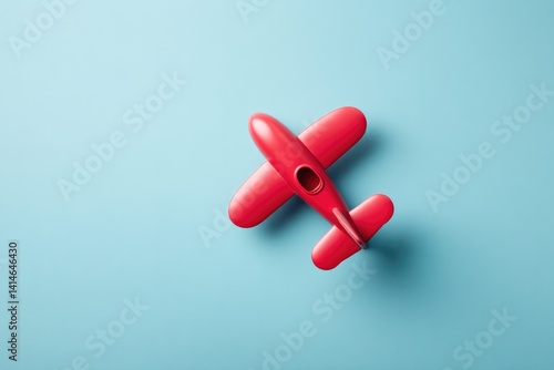 Bright red toy airplane on soft blue background evokes childhood
