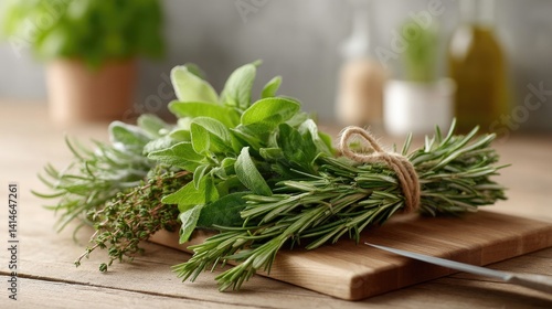 Freshly tied herbs on wooden board create rustic kitchen atmosph
