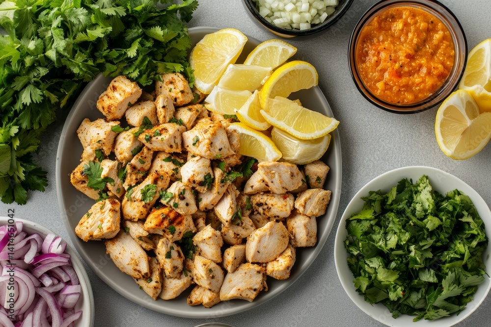 Plate of Chicken Tikka garnished with lemon slices, chopped onions, cilantro, bowl of red lentil salsa. Concept of Indian grilled chicken with vibrant, fresh ingredients. Plate of Chicken Tikka garnished with lemon slices, chopped onions, cilantro, bowl of red lentil salsa. Concept of Indian grilled chicken with vibrant, fresh ingredients.