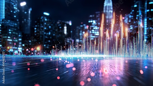 Vibrant Cityscape at Night with Glowing Light Streaks and Particles