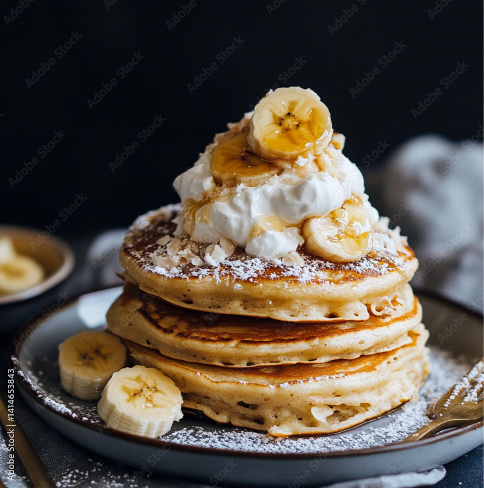 coconut and banana pancakes with whipped cream on top