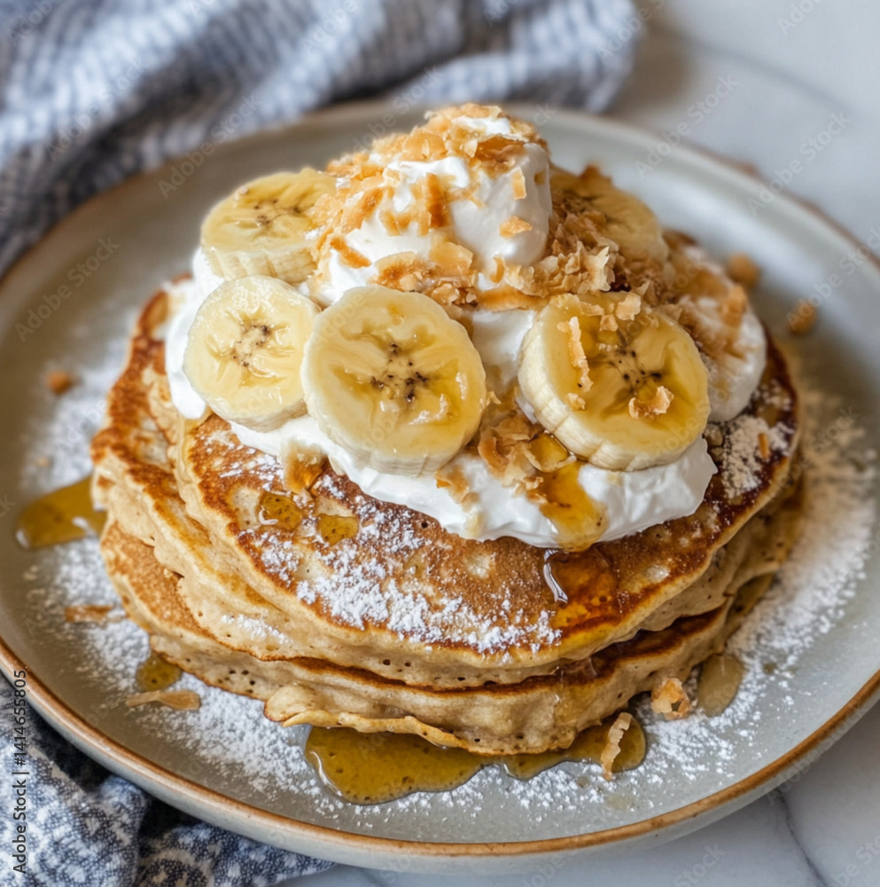 coconut and banana pancakes with whipped cream on top