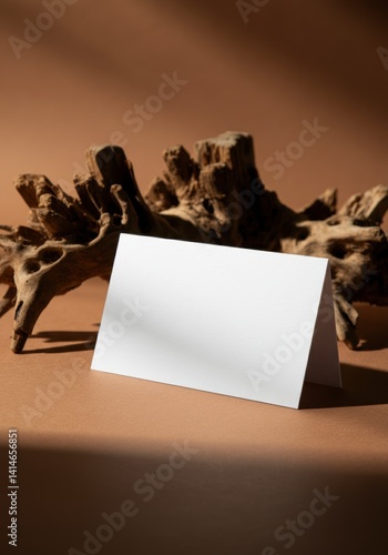Minimalist mockup of a blank white card standing on a brown surface with natural driftwood in the background. Ideal for branding, invitations, or product presentations.