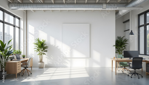 Minimalist Office Interior with Blank Wall and Natural Light