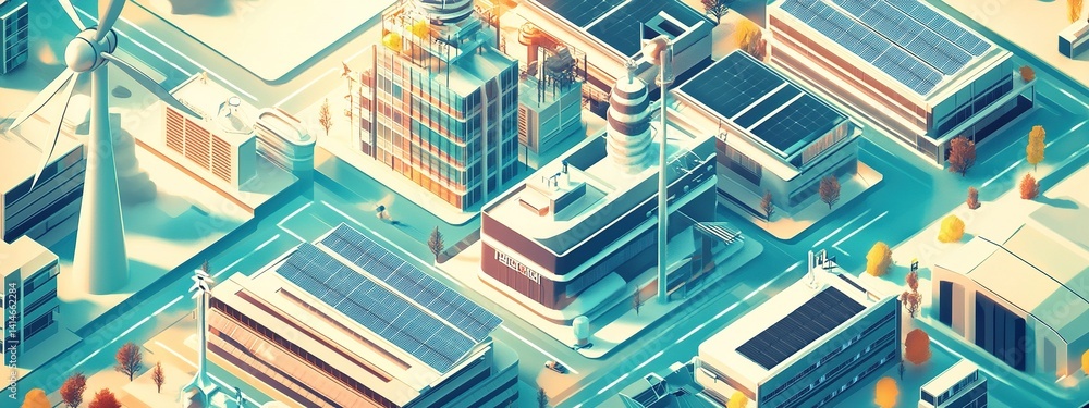 Futuristic sustainable city with wind turbines and solar panels generating clean energy, isometric 3D illustration showing environmentally friendly technology and renewable energy. Futuristic sustainable city with wind turbines and solar panels generating clean energy, isometric 3D illustration showing environmentally friendly technology and renewable energy.